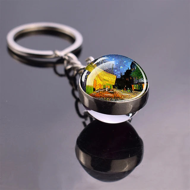 Van Gogh Art Oil Painting Keychains The Starry Night Sunflower Double Side Glass Ball Pendant Key Chains Fashion Jewellery Gifts