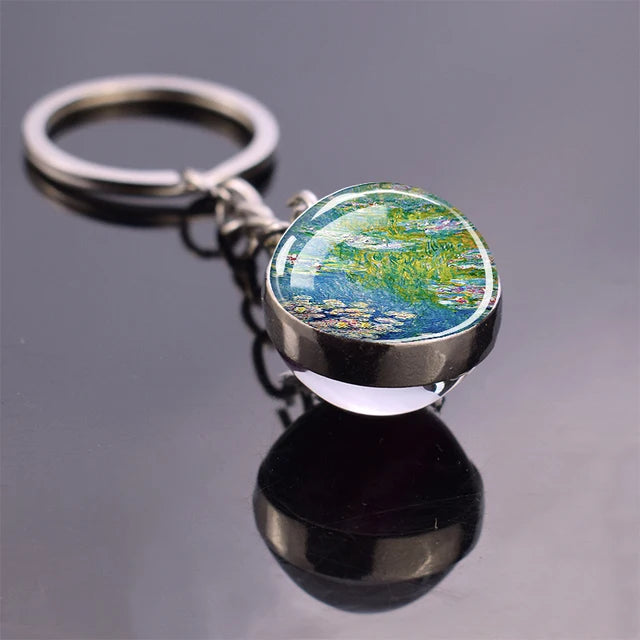 Van Gogh Art Oil Painting Keychains The Starry Night Sunflower Double Side Glass Ball Pendant Key Chains Fashion Jewellery Gifts