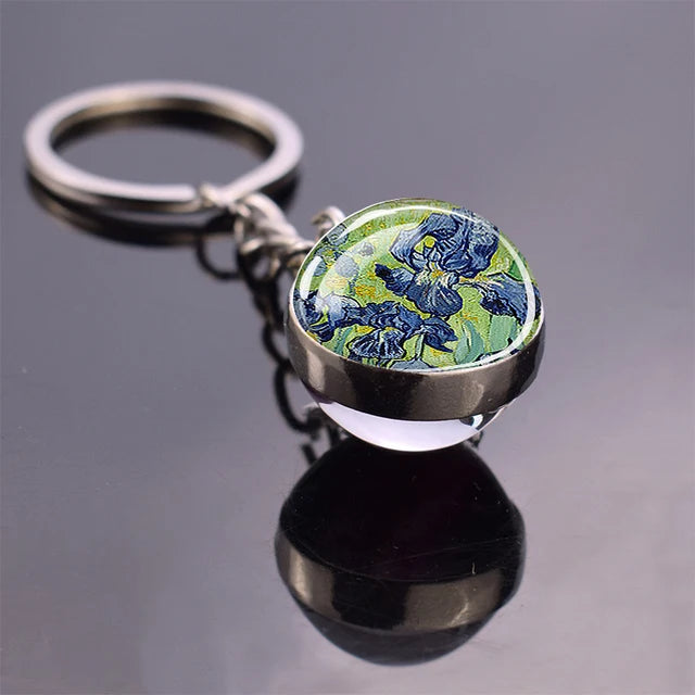 Van Gogh Art Oil Painting Keychains The Starry Night Sunflower Double Side Glass Ball Pendant Key Chains Fashion Jewellery Gifts