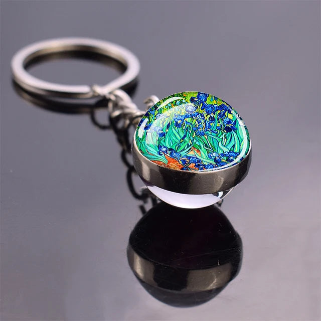 Van Gogh Art Oil Painting Keychains The Starry Night Sunflower Double Side Glass Ball Pendant Key Chains Fashion Jewellery Gifts