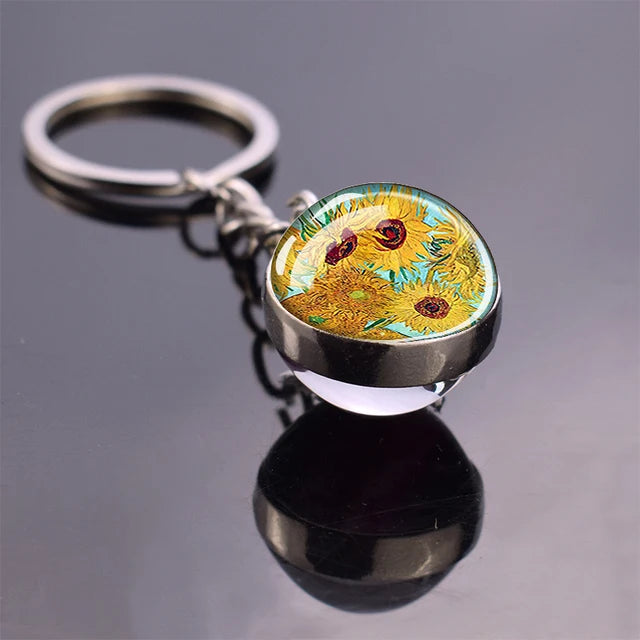 Van Gogh Art Oil Painting Keychains The Starry Night Sunflower Double Side Glass Ball Pendant Key Chains Fashion Jewellery Gifts