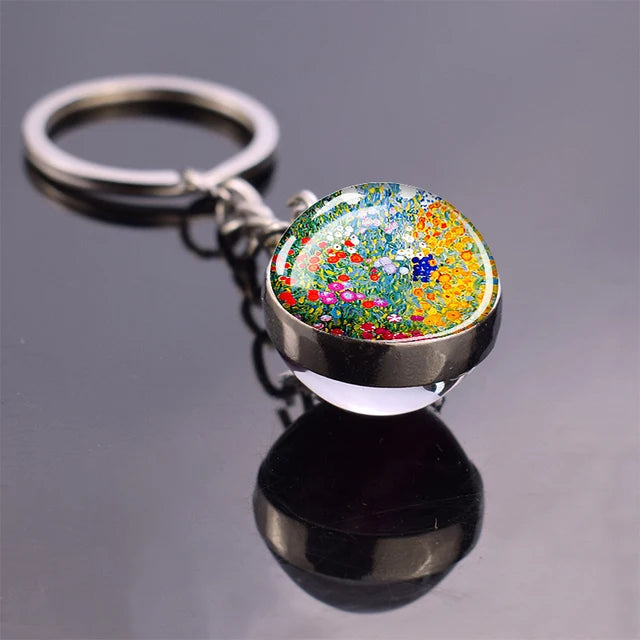 Van Gogh Art Oil Painting Keychains The Starry Night Sunflower Double Side Glass Ball Pendant Key Chains Fashion Jewellery Gifts