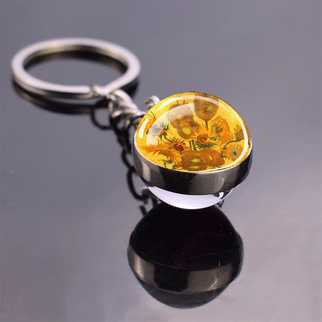 Van Gogh Art Oil Painting Keychains The Starry Night Sunflower Double Side Glass Ball Pendant Key Chains Fashion Jewellery Gifts