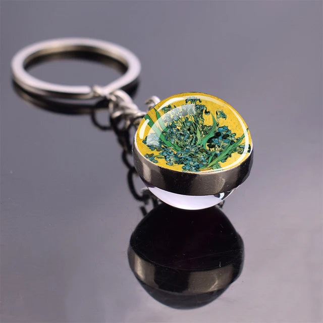 Van Gogh Art Oil Painting Keychains The Starry Night Sunflower Double Side Glass Ball Pendant Key Chains Fashion Jewellery Gifts