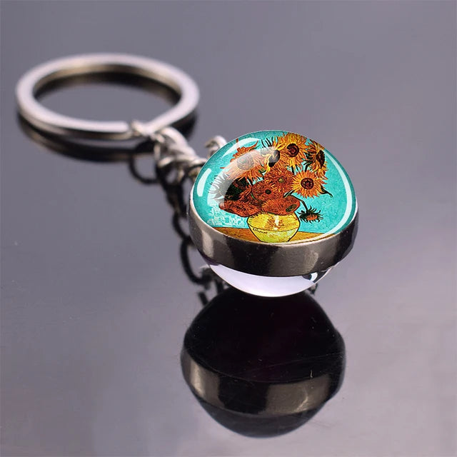 Van Gogh Art Oil Painting Keychains The Starry Night Sunflower Double Side Glass Ball Pendant Key Chains Fashion Jewellery Gifts