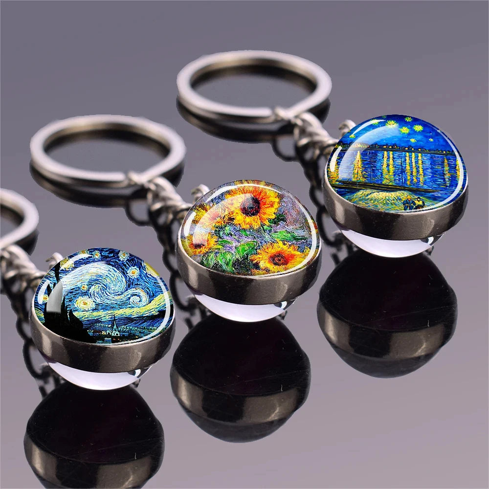 Van Gogh Art Oil Painting Keychains The Starry Night Sunflower Double Side Glass Ball Pendant Key Chains Fashion Jewellery Gifts