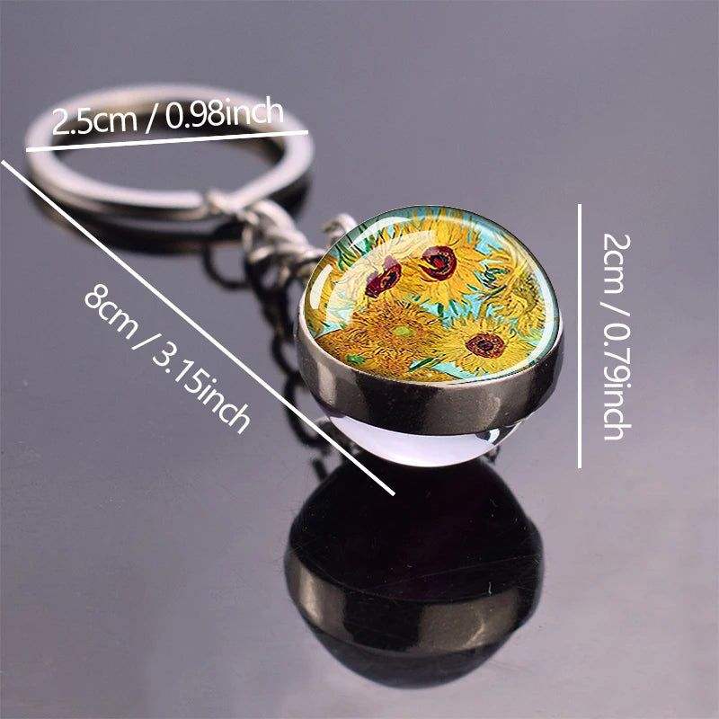 Van Gogh Art Oil Painting Keychains The Starry Night Sunflower Double Side Glass Ball Pendant Key Chains Fashion Jewellery Gifts