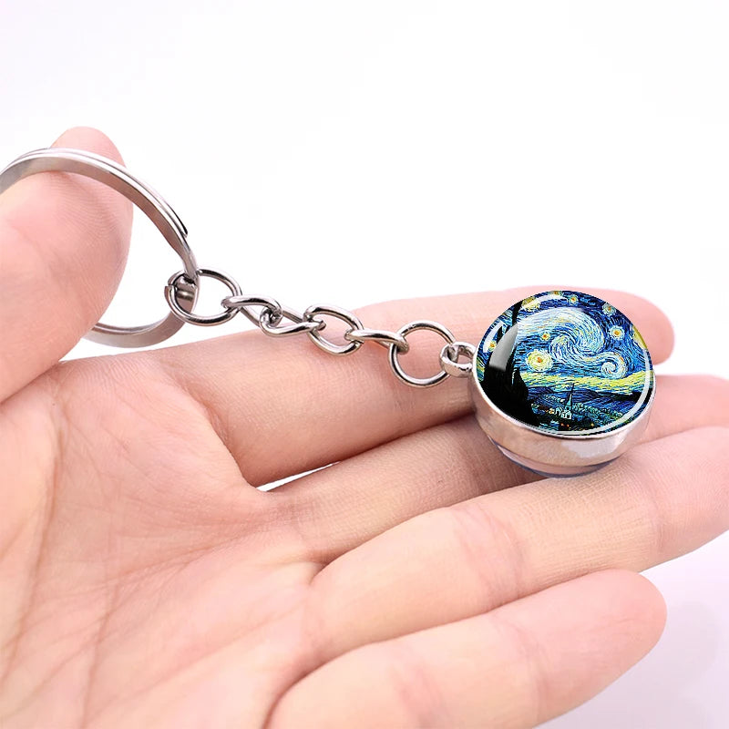 Van Gogh Art Oil Painting Keychains The Starry Night Sunflower Double Side Glass Ball Pendant Key Chains Fashion Jewellery Gifts