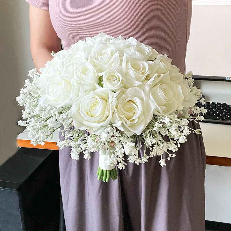 Wedding Accessories Bride Bouquet White Roses Baby's Breath Silk Flowers Artificial Bridesmaids Bouquet Table Centrepiece Decor