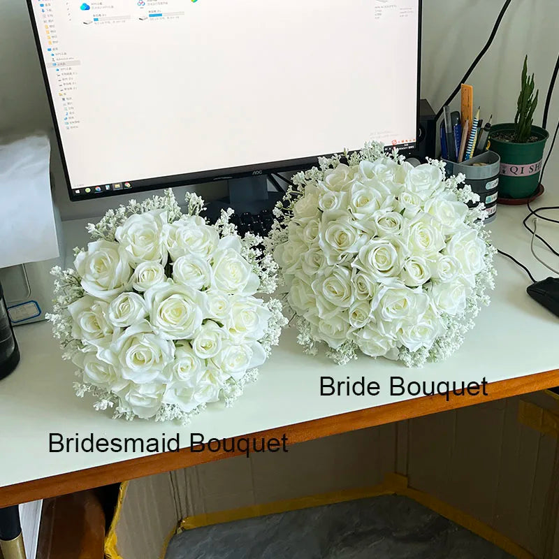 Wedding Accessories Bride Bouquet White Roses Baby's Breath Silk Flowers Artificial Bridesmaids Bouquet Table Centrepiece Decor