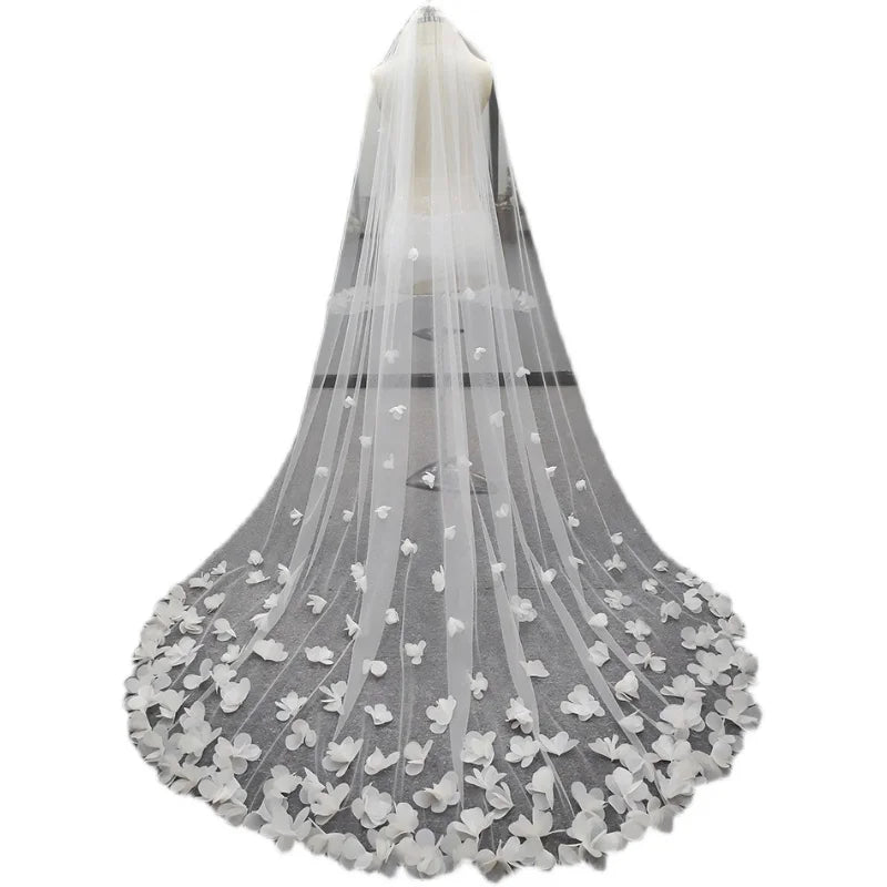 White Ivory Bridal Veil Long Cathedral Wedding VeilS 3D Flowers Floral Lace Petals Veil Bride velos de novia Wedding Accessories