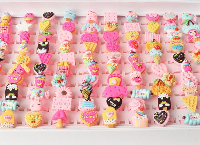 Wholesale 30PCS Jewelry Mixed Lots Resin  Children Kid Rings Cartoon Fruit Candy Dessert Ring Gift Cheap Drop Ship Free