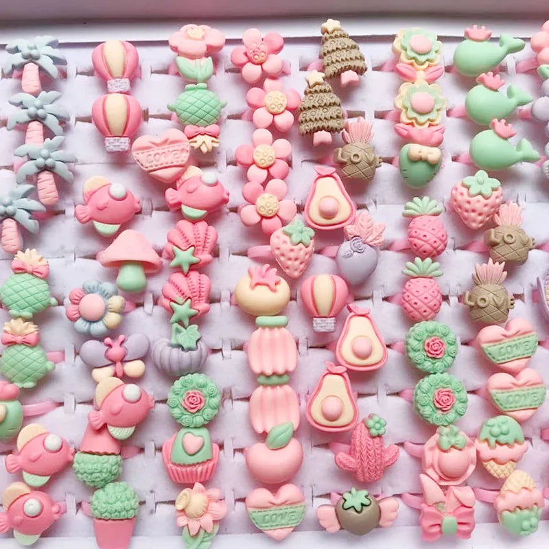 Wholesale 30PCS Jewelry Mixed Lots Resin  Children Kid Rings Cartoon Fruit Candy Dessert Ring Gift Cheap Drop Ship Free