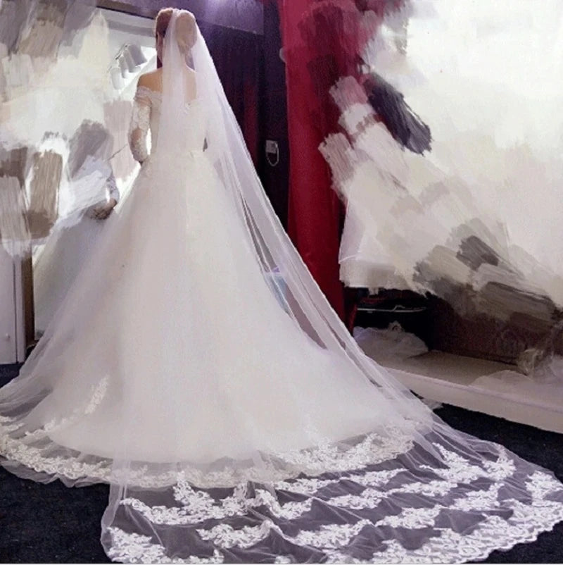 Women One-layer 3 Meters Wedding Veil Cathedral Lace Long Voile Mariage White Ivory Bride Wedding Accessories Veu De Noiva L