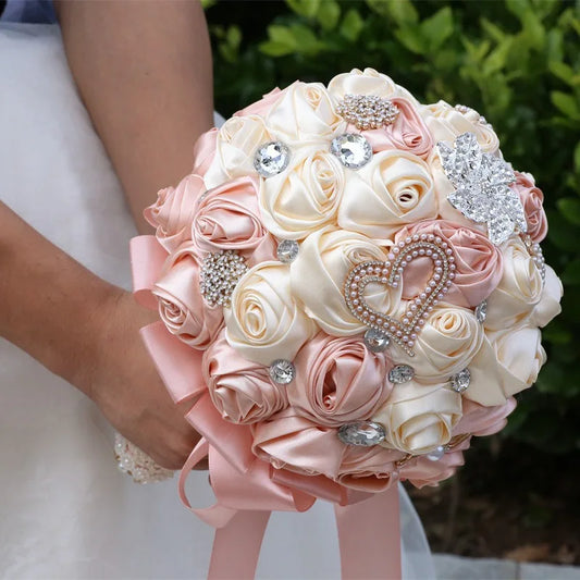 YeeNanee Handmade Satin Rose Quinceañera Bouquets with Crystal Brooch 7.8inch Vintage Bridal Tossing Bouquet for Wedding Decor