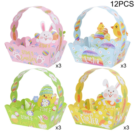 12pcs Easter Eggs Basket Cute Rabbit Chick Cookies Candy Storage Basket For Happy Easter Party Decoration Kids Easter Gifts Bag