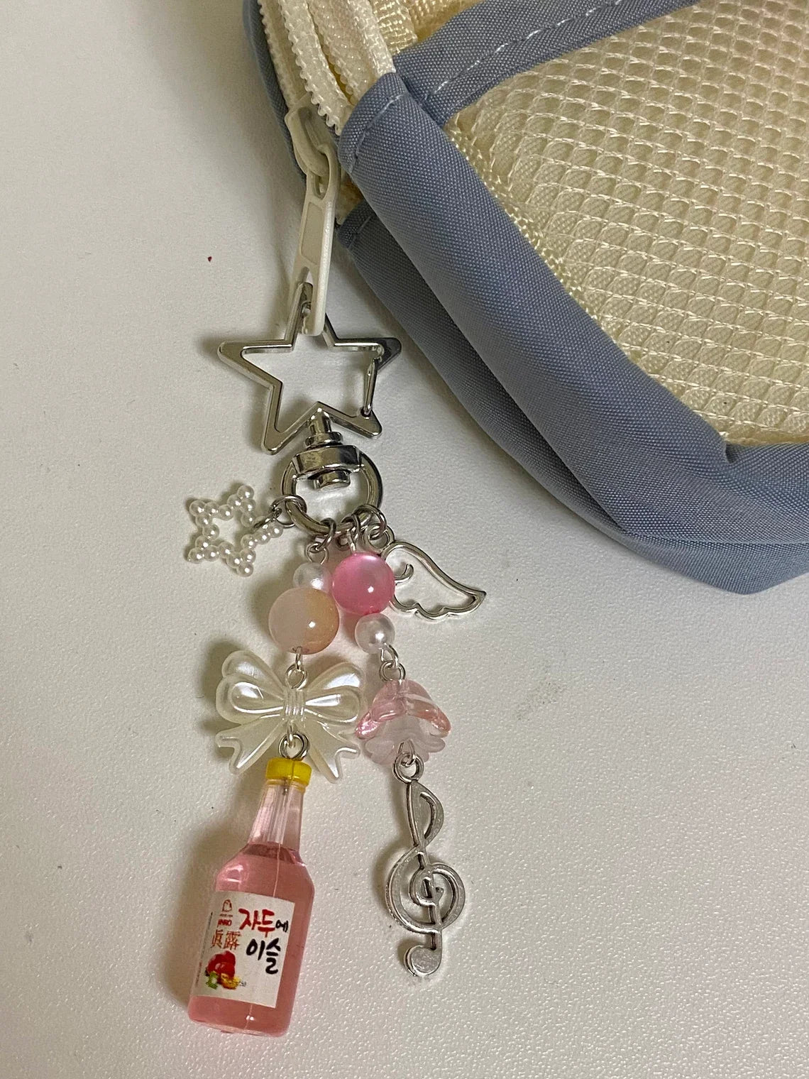 aesthetic y2k beaded pink strawberry korean soda star keychain