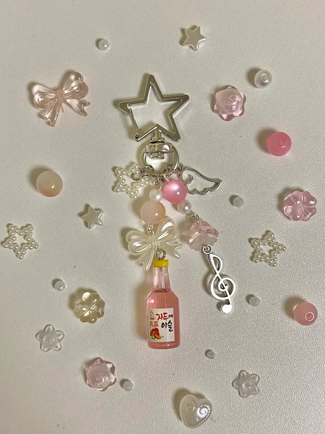 aesthetic y2k beaded pink strawberry korean soda star keychain