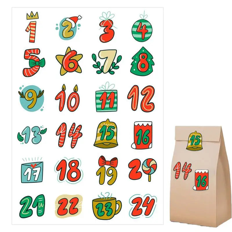 Christmas Advent Calendar Number Stickers 1-24 Number Sealing Stickers Gifts Food Packaging Bag Sealing Labels Christmas Decor