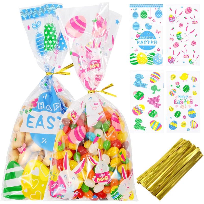 50pcs Cartoon Easter Candy Gift Bags Easter Treat Bag with Ties Easter Party Kids Gifts Cookie Packaging Supplies Basket Stuffer