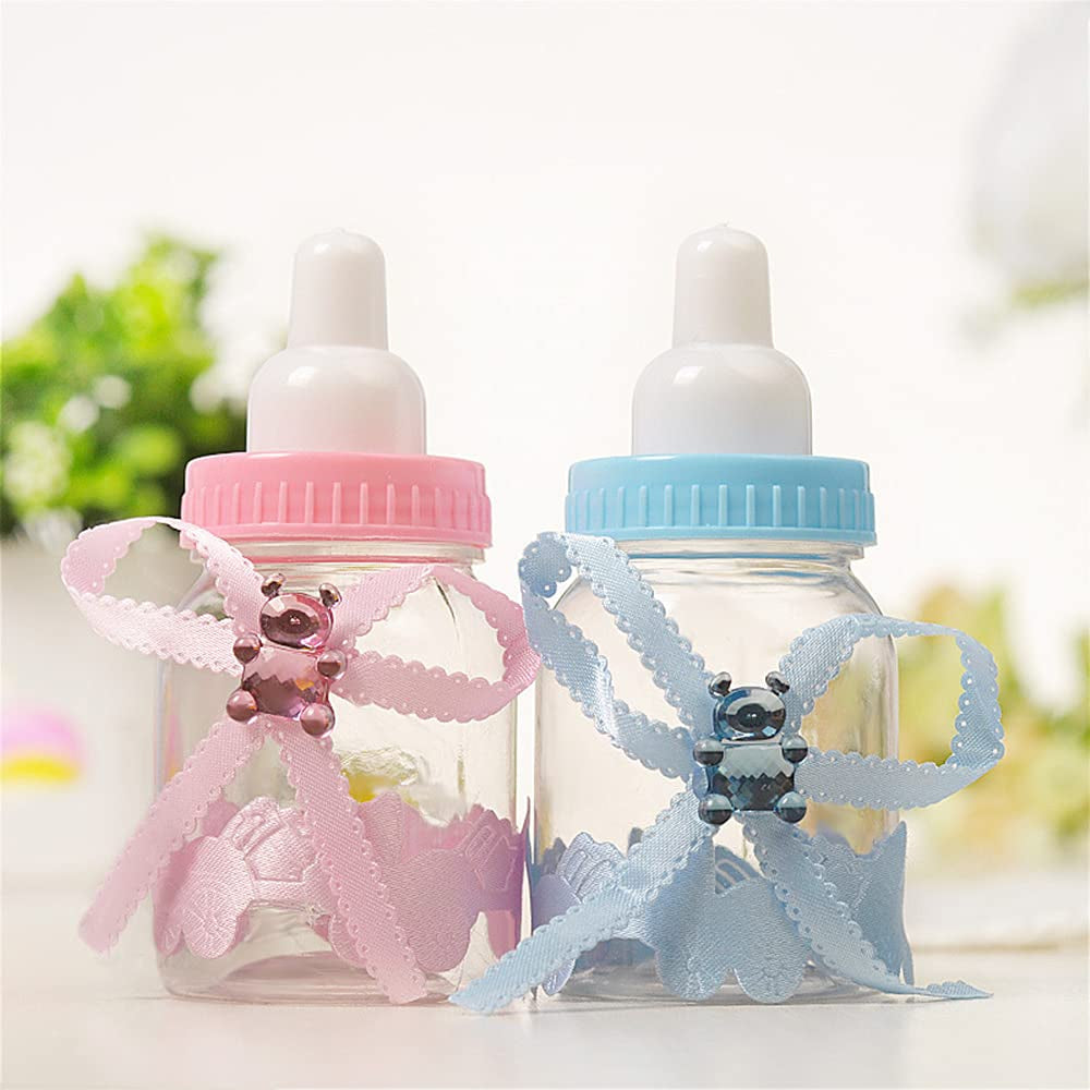 12 Pcs Baby Bottle Shower Favor, 3.5-Inch Mini Plastic Candy Bottles for Baby Shower, Party Decoration (Pink)