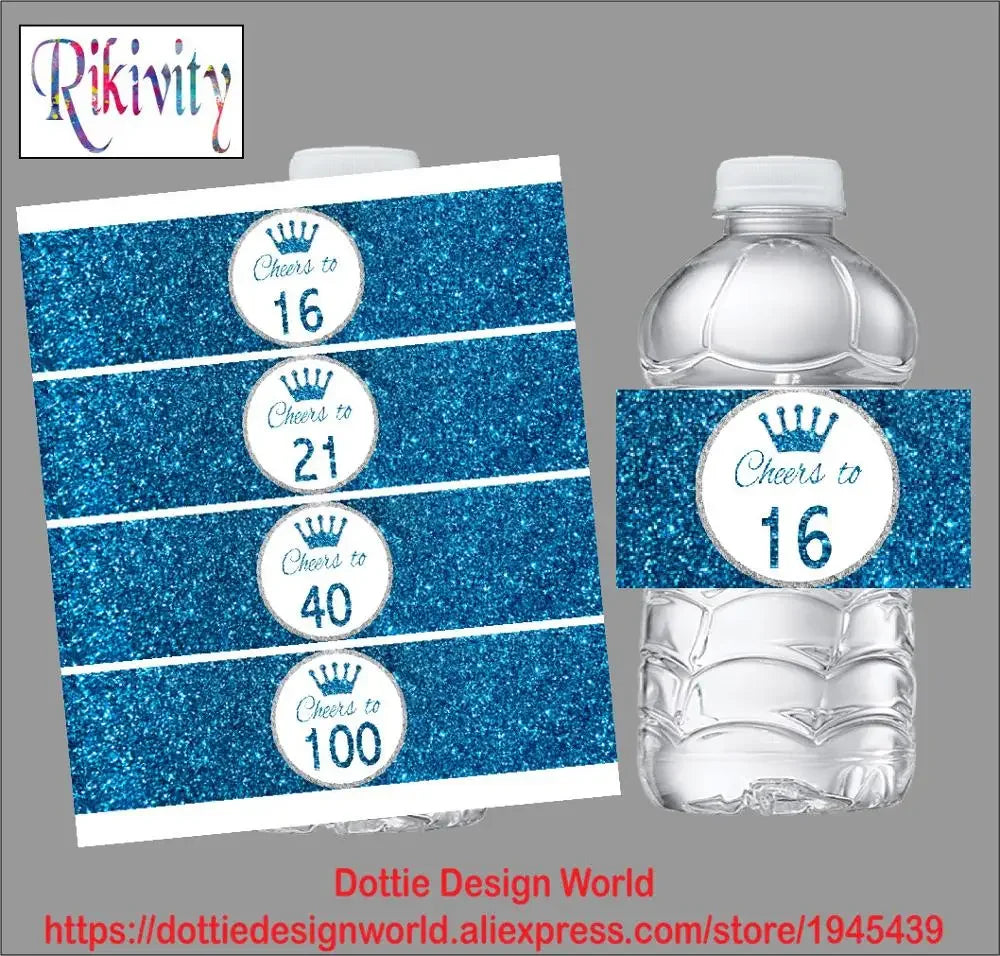 Blue Glit Faux Cheers 21 Sweet 16 Water Bottle Wine Labels Logo Name Stickers Candy Bag Wrapper Birthday Party Decor Supplies