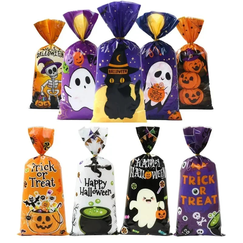 50/100pcs Halloween Ghost Cat Gift Bags Candy Cookie Packaging Bags Trick Or Treat 2024 Happy Halloween Party Decor Supplies