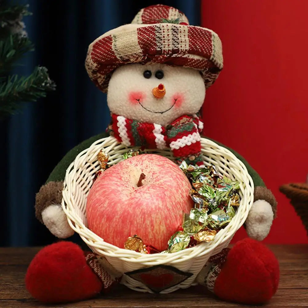 Christmas Candy Basket Santa Snowman Doll Decor Woven Basket Holiday Table Desk Decoration Candy Bowl Candy Gift Container