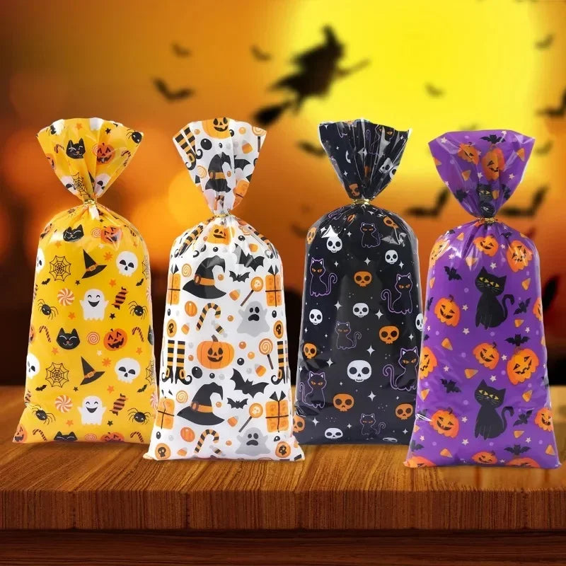 50/100pcs Halloween Ghost Cat Gift Bags Candy Cookie Packaging Bags Trick Or Treat 2024 Happy Halloween Party Decor Supplies