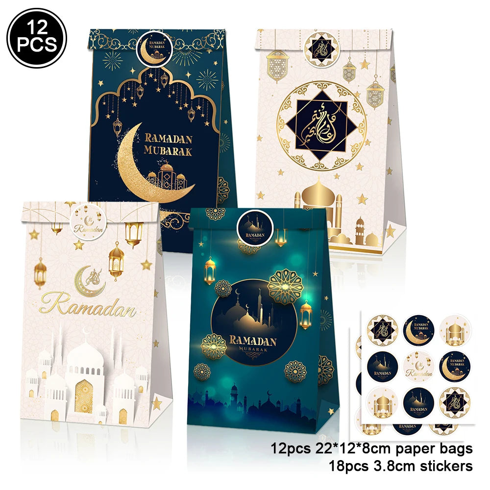 12pcs Eid Mubarak Gift Bags with Stickers Cookie Candy Packaging Box Islamic Festival Ramadan Mubarak Eid al-Fitr Party Supplies