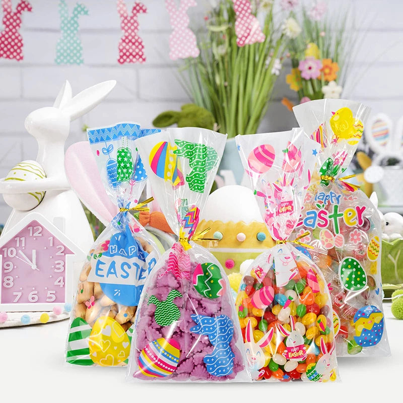 50pcs Cartoon Easter Candy Gift Bags Easter Treat Bag with Ties Easter Party Kids Gifts Cookie Packaging Supplies Basket Stuffer