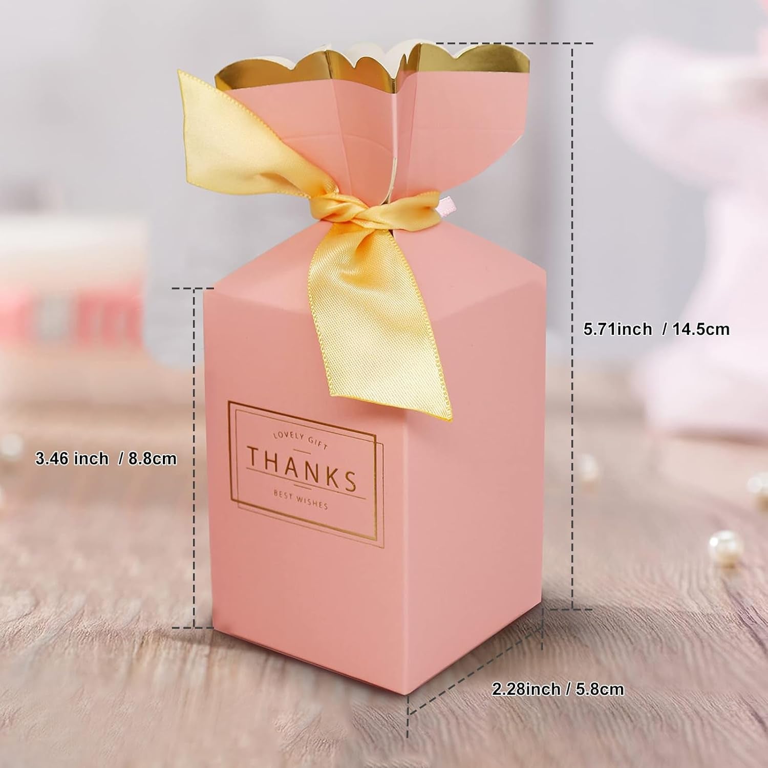 Favor Boxes, 50Pcs Paper DIY Candy Boxes with Ribbons for Wedding, Bridal Shower, Baby Shower, Birthday Party(2.28X3.46X5.71Inch, Pink)