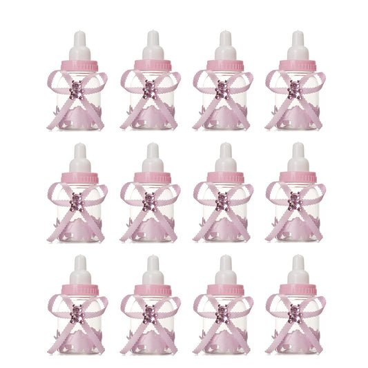 12 Pcs Baby Bottle Shower Favor, 3.5-Inch Mini Plastic Candy Bottles for Baby Shower, Party Decoration (Pink)