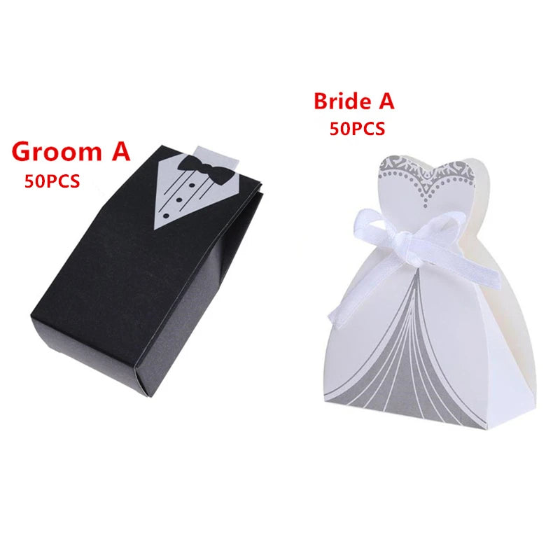 100Pcs Bride and Groom Dresses Wedding Candy Box Gifts Favor Box Wedding Bonbonniere DIY Event Party Supplies for Wedding