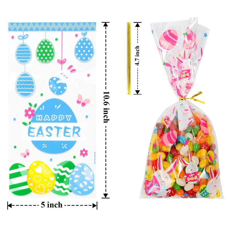 50pcs Cartoon Easter Candy Gift Bags Easter Treat Bag with Ties Easter Party Kids Gifts Cookie Packaging Supplies Basket Stuffer