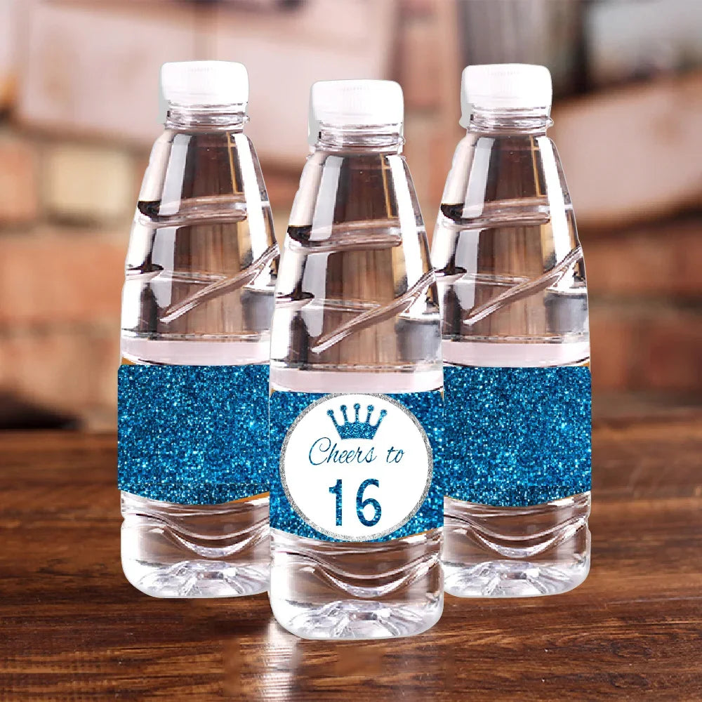 Blue Glit Faux Cheers 21 Sweet 16 Water Bottle Wine Labels Logo Name Stickers Candy Bag Wrapper Birthday Party Decor Supplies