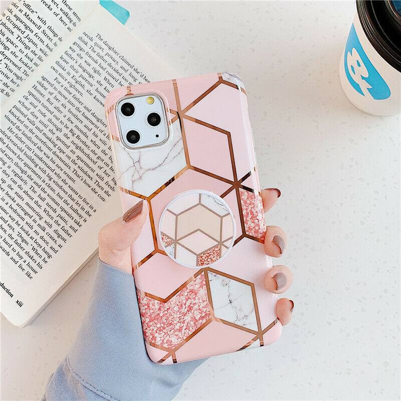 Geometric Marble Case Hard PC Bumper Protective & Shockproof Shell Cover (12/12 Pro/12 Pro Max with Pop Socket, Coral)-8