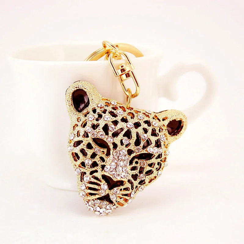 luxury keychains big brand Creative Gifts with rhinestone Leopard Head Car Keychain Accessories Crystal Animal Pendant