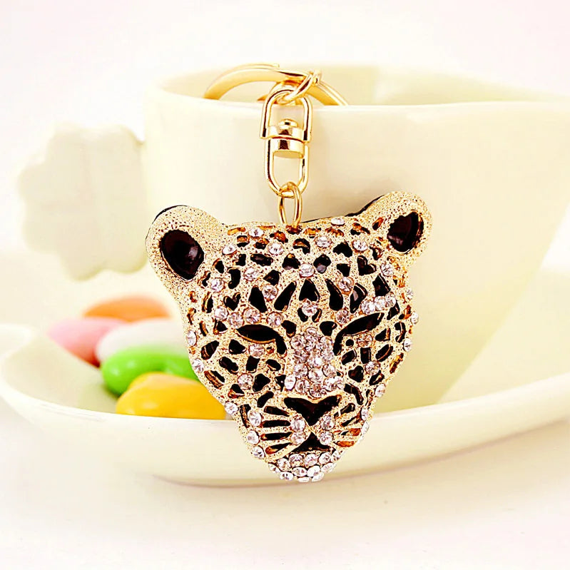 luxury keychains big brand Creative Gifts with rhinestone Leopard Head Car Keychain Accessories Crystal Animal Pendant