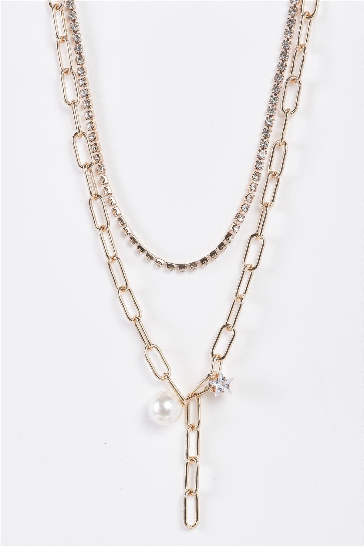 Gold Pearl Pin Link Chain Rhinestone Jewelry Sets-0