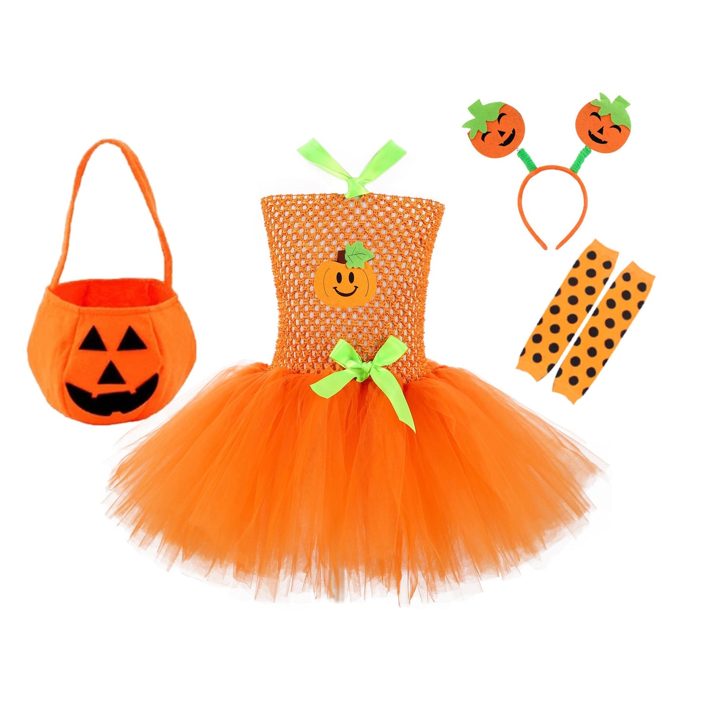 Children’s Halloween Pumpkin Tutu Dress With 3-Pieces Jewelry-0