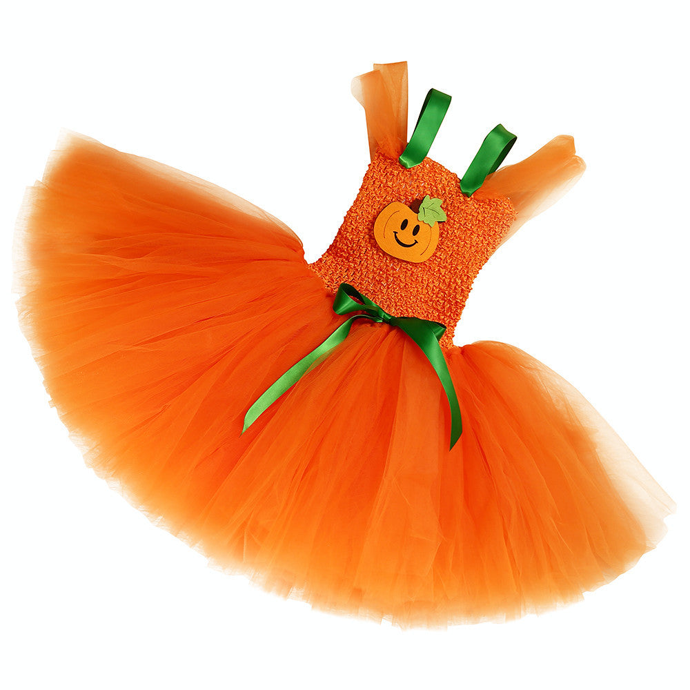 Children’s Halloween Pumpkin Tutu Dress With 3-Pieces Jewelry-4